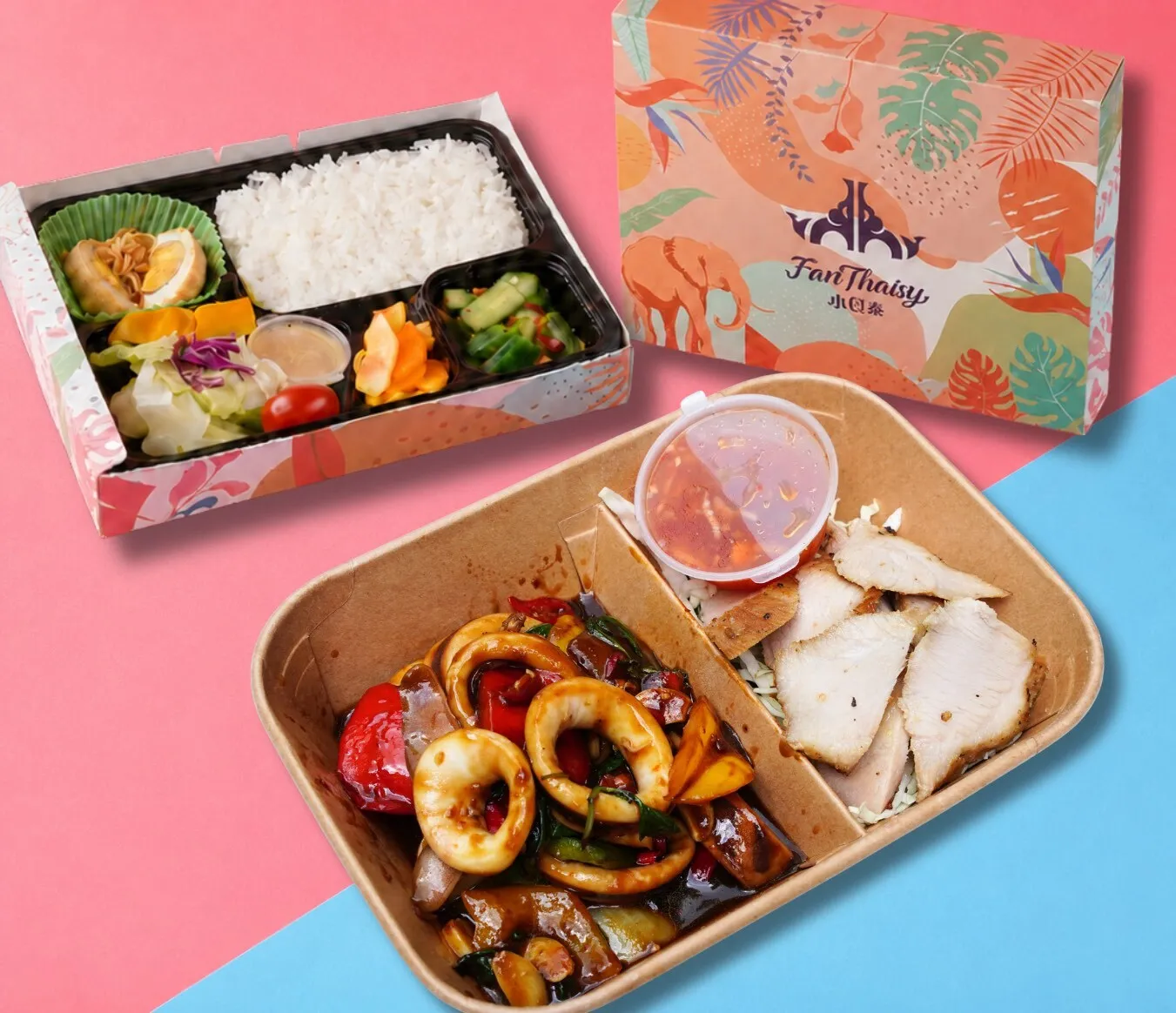 雙主餐：打拋中卷＋Q烤松阪豬｜泰式會議便當