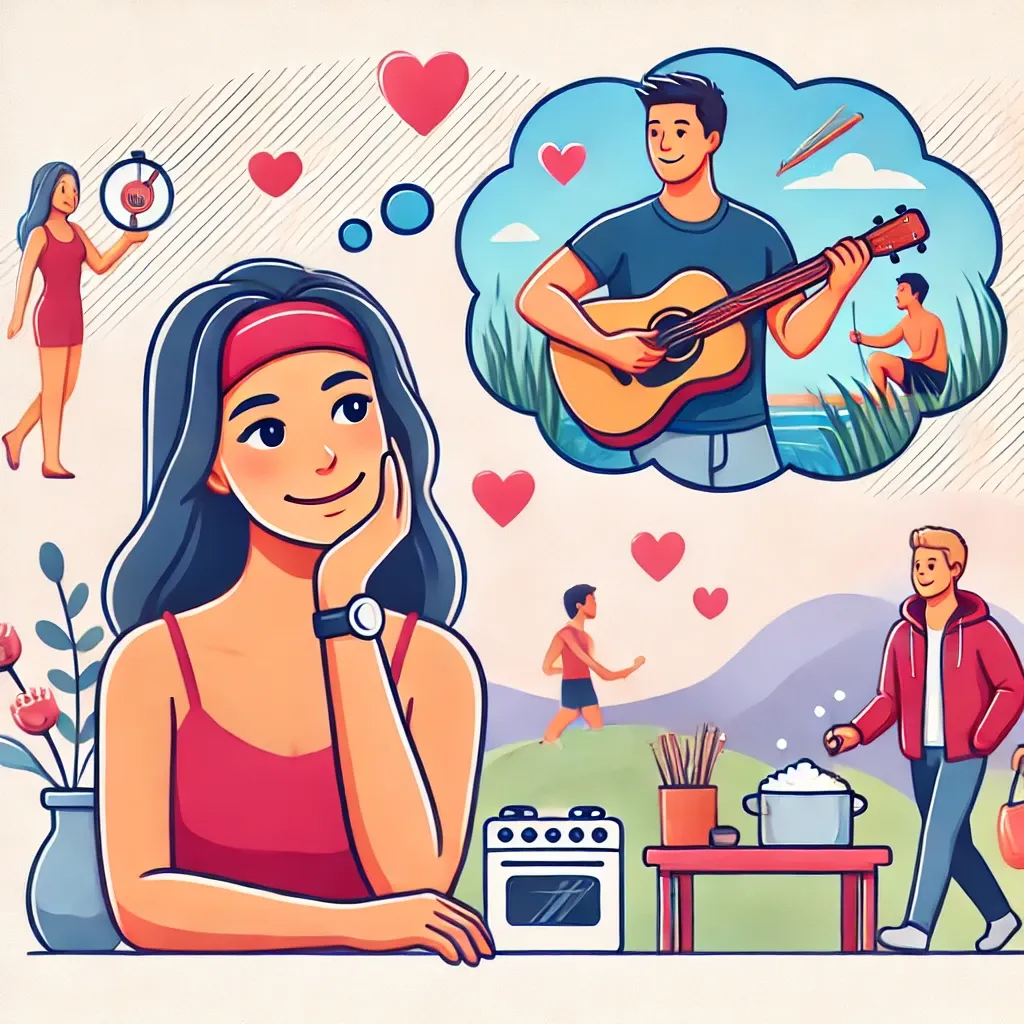 DALL·E 2025-01-22 01.13.24 - A visually engaging illustration designed for dating beginners, showing a young woman thoughtfully imagining a man. The man is depicted engaging in in