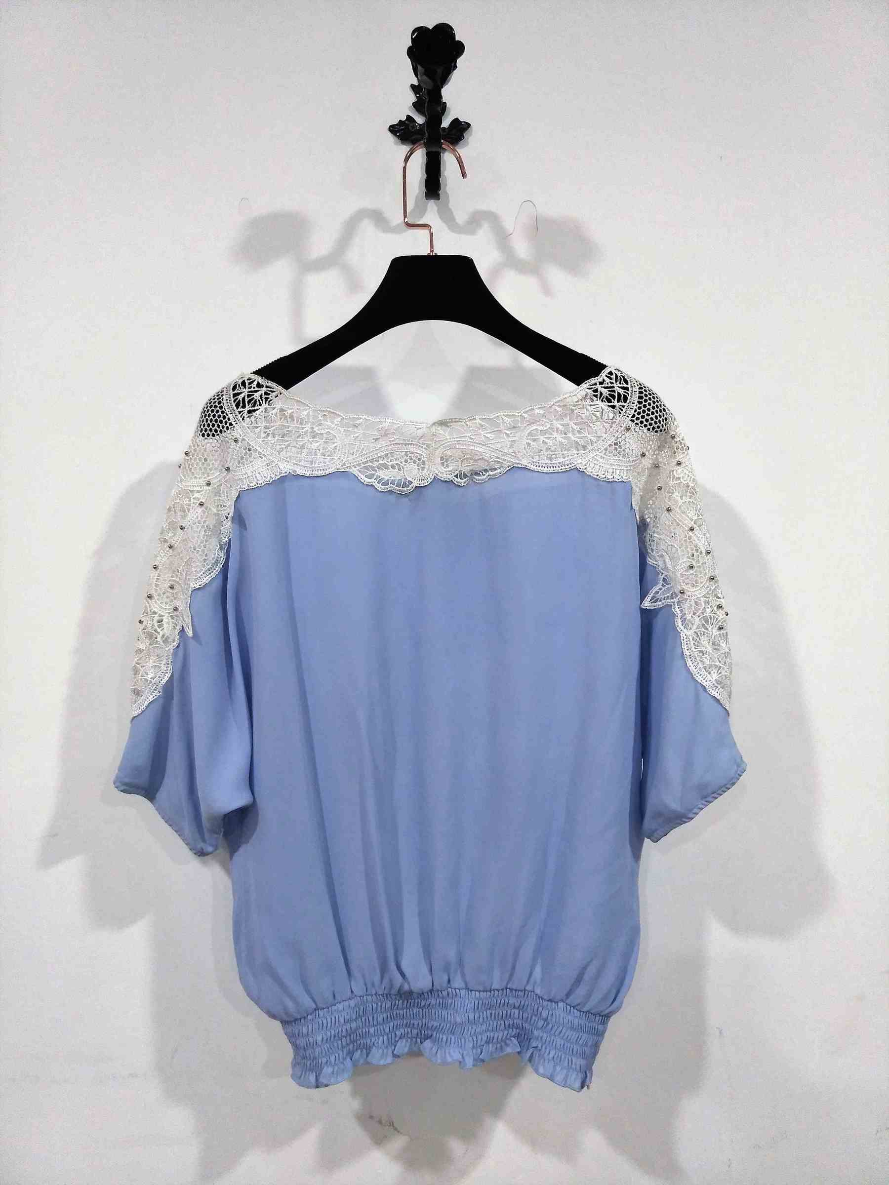 Latest lace blouse designs blue white tops with elastic hem blouse for ruffle blouse (7).jpg