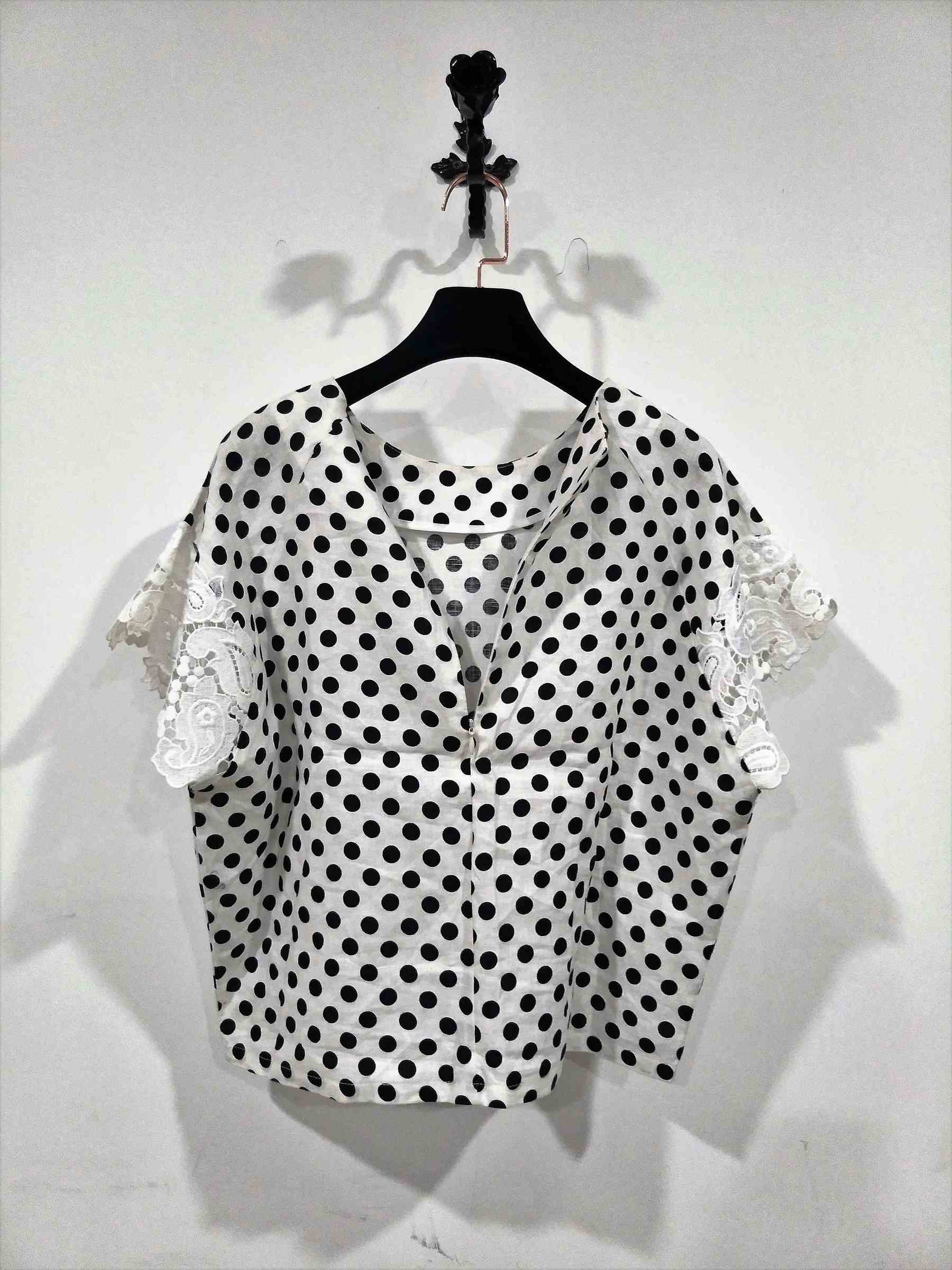 Fancy dot print white blouses ladies woman V neck with new fashion lace blouse designs for women white shirt (6).jpg