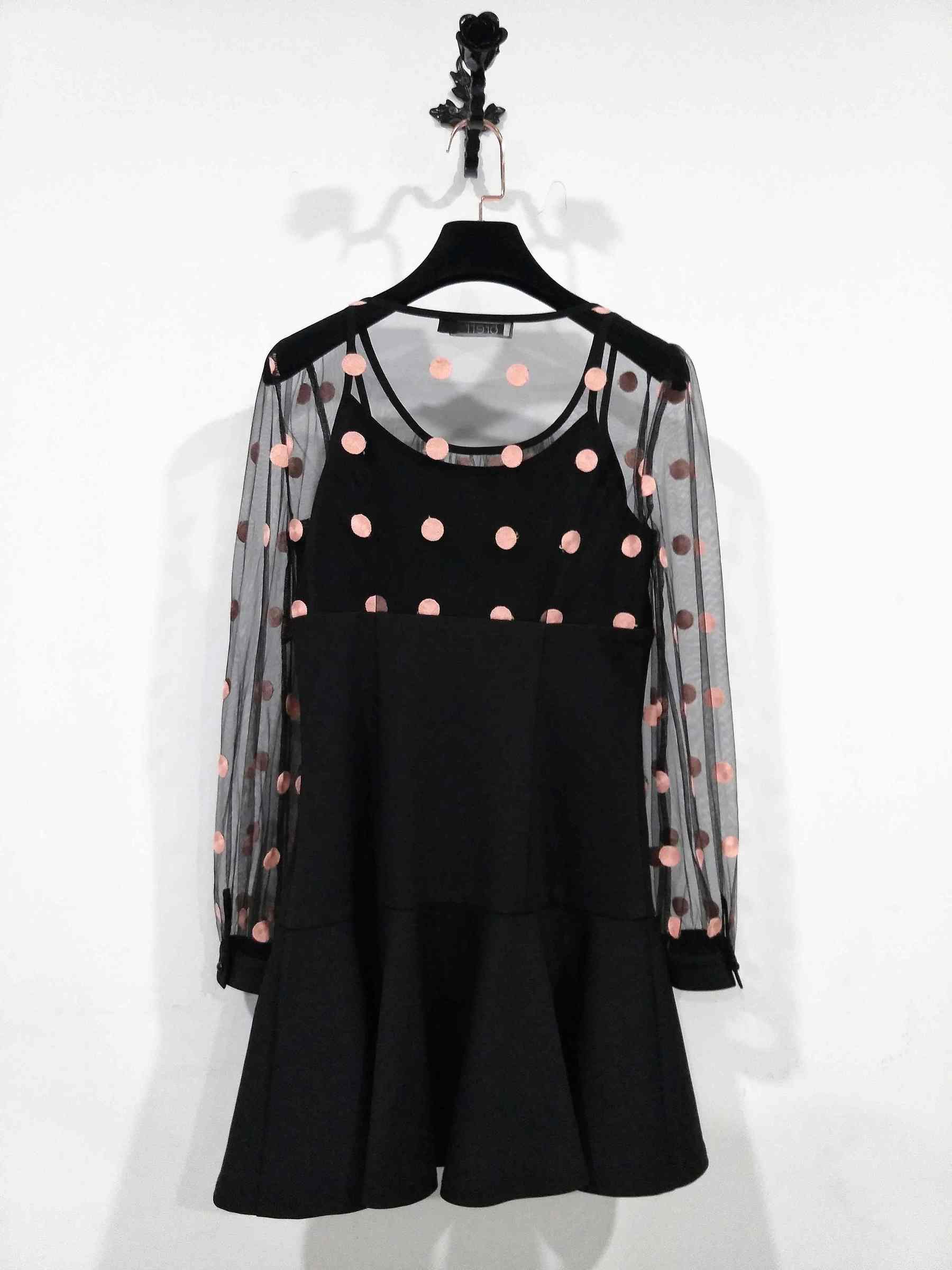 Black transparent lace dress sexy woman mature with pink dots dress design for ladies sexy transparent dress (9).jpg