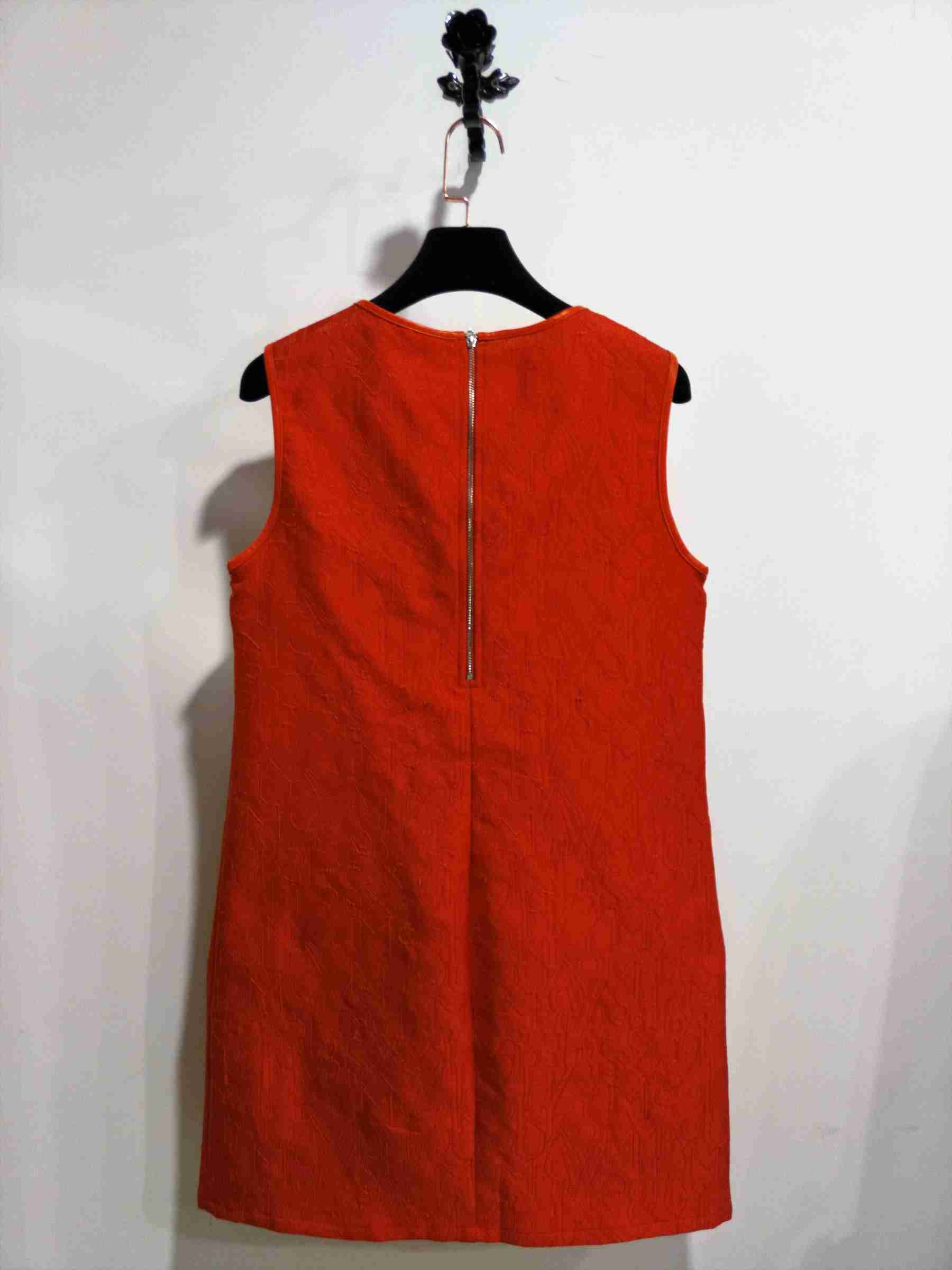 2017AW Chic Orange Red Jacquard A Line Round Neck Sleeveless Casual Dress with LeatherEdge.jpg