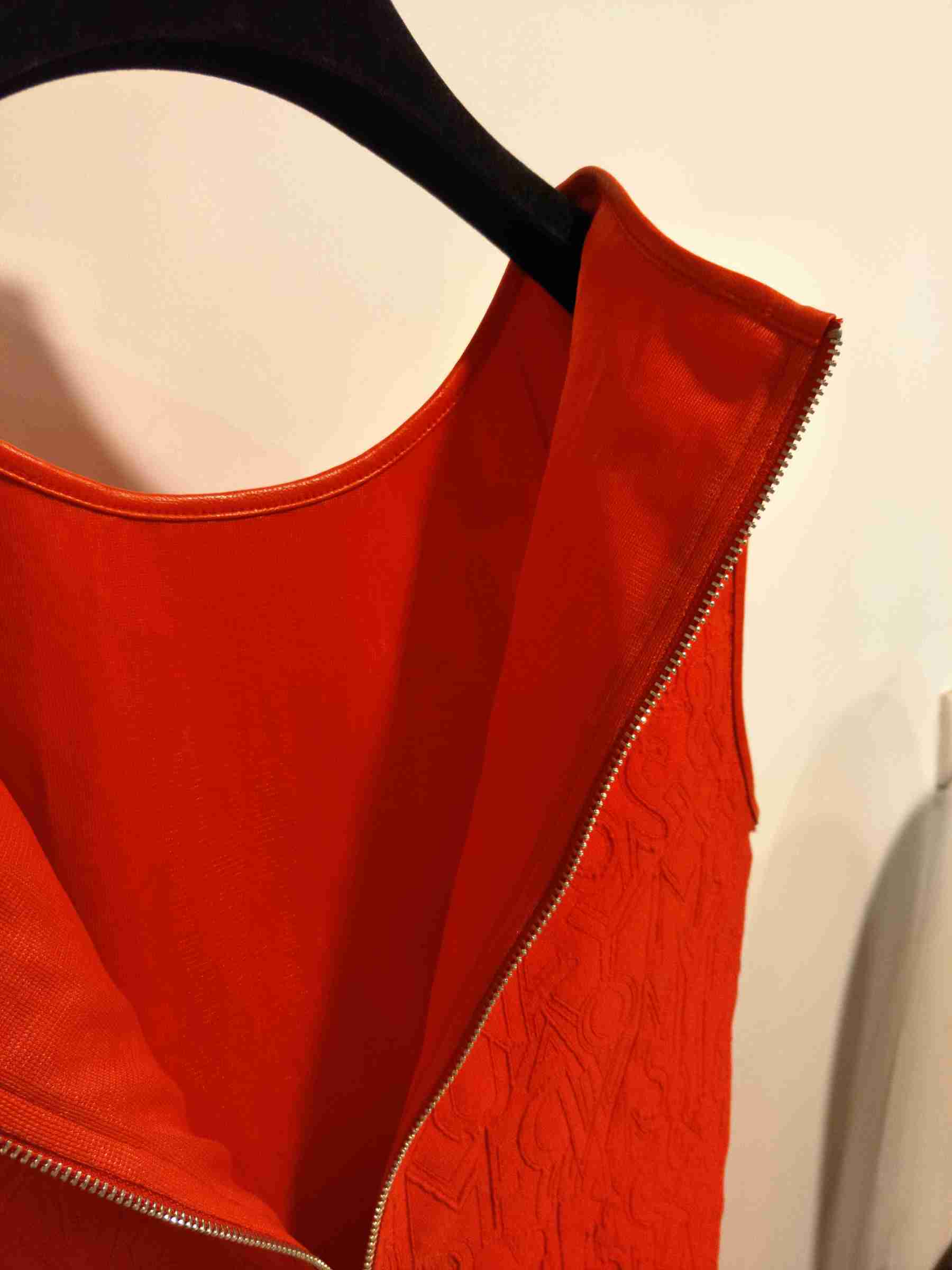 2017AW Chic Orange Red Jacquard A Line Round Neck Sleeveless Casual Dress with LeatherEdge.jpg