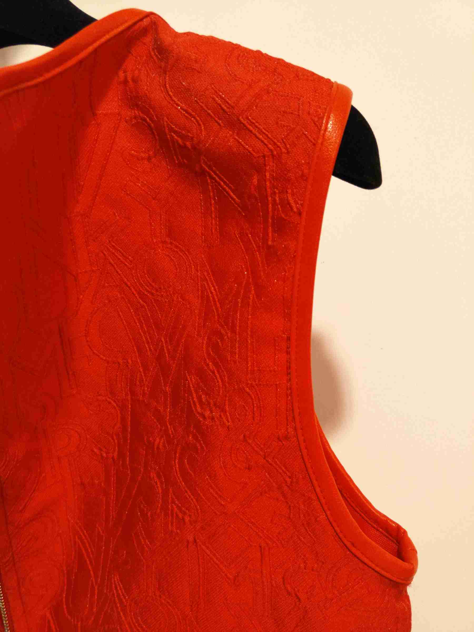 2017AW Chic Orange Red Jacquard A Line Round Neck Sleeveless Casual Dress with LeatherEdge.jpg