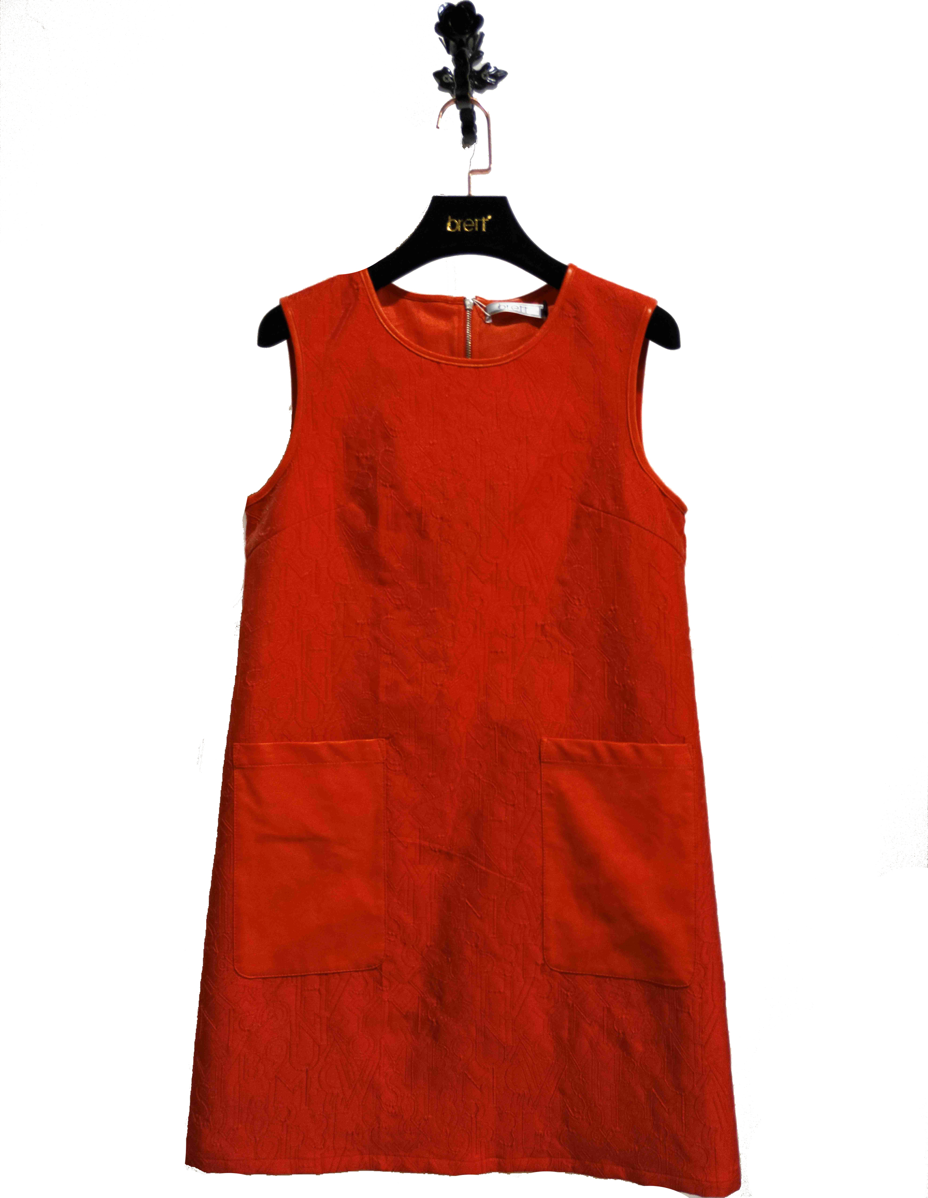 2017AW Chic Orange Red Jacquard A Line Round Neck Sleeveless Casual Dress with LeatherEdge.jpg