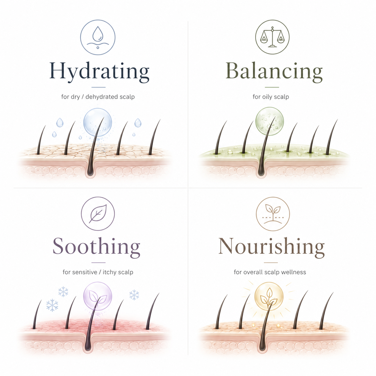 Different scalp treatment categories for dry oily sensitive and thinning scalp