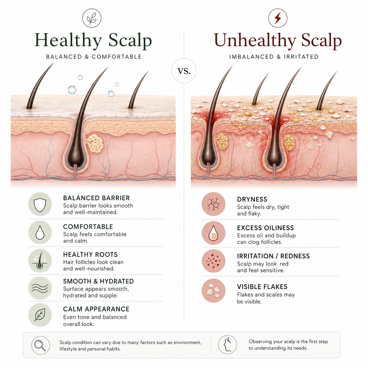Comparison between healthy scalp and common scalp imbalance signs