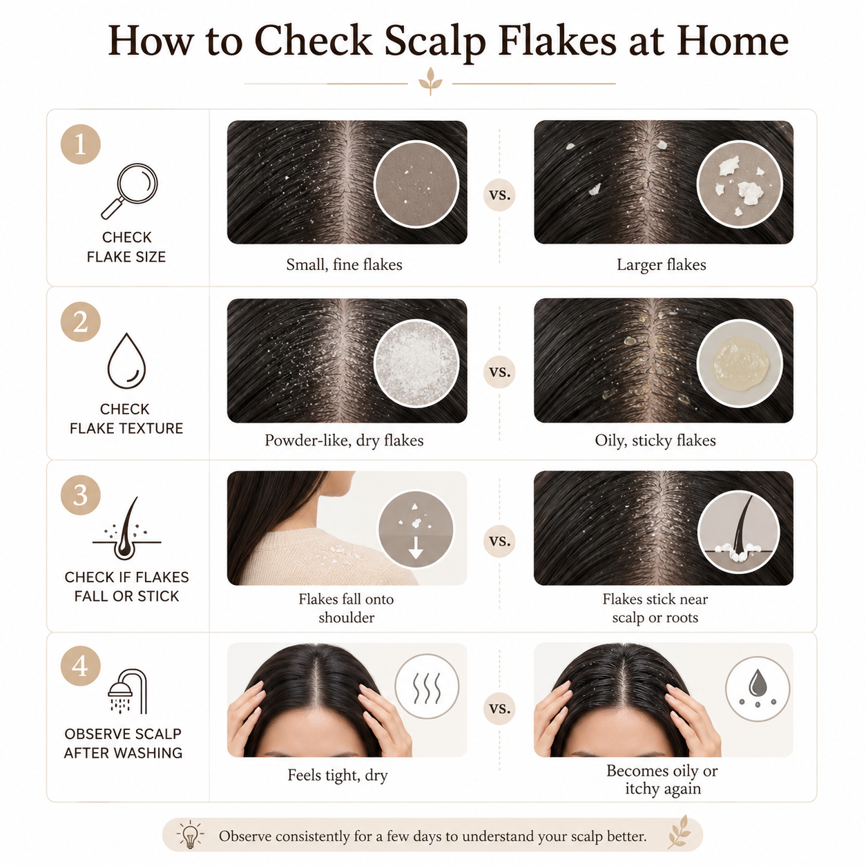 Step by step guide to check dry scalp flakes or oily dandruff flakes