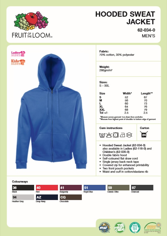 fruit of the loom zip hoodie size chart
