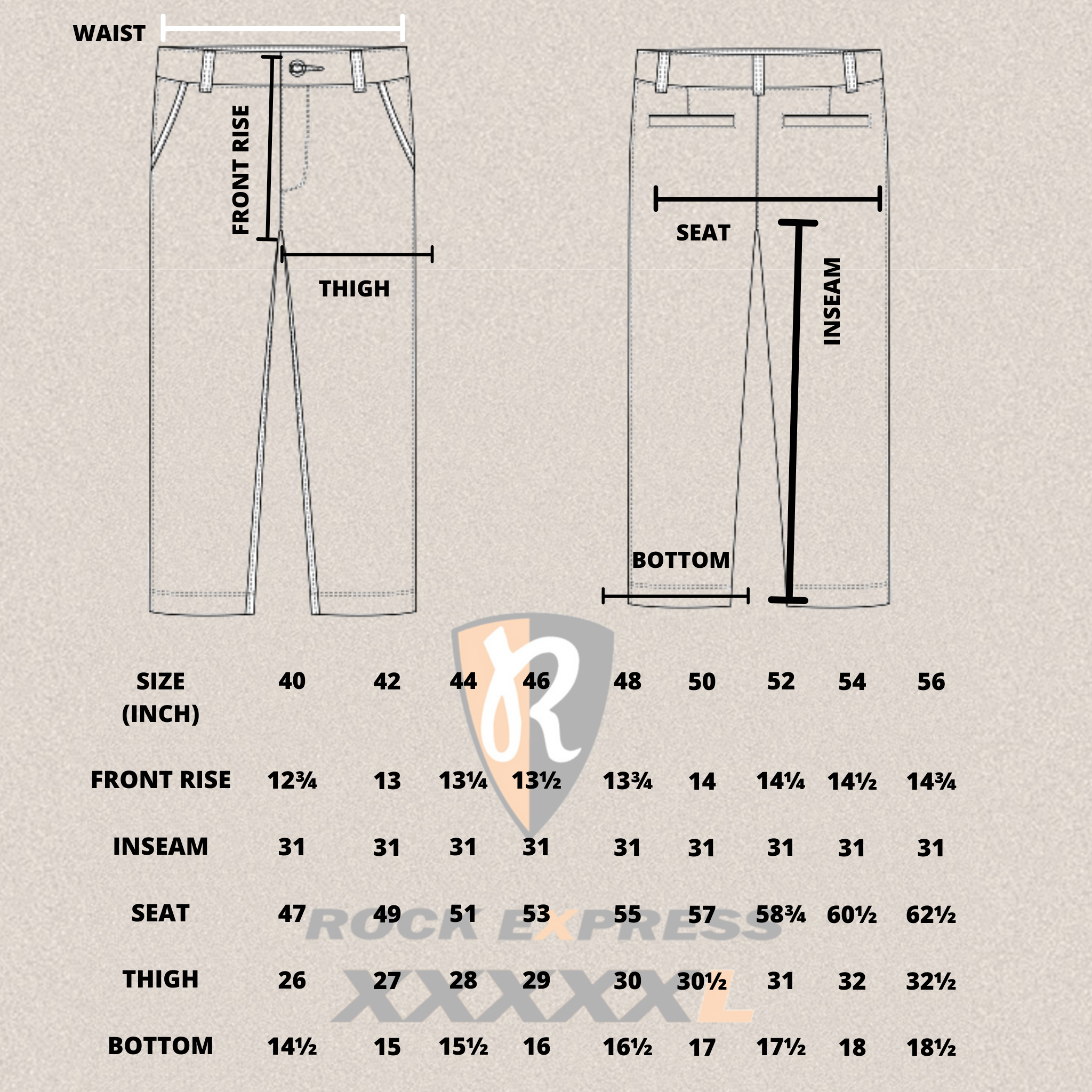 Slack size chart