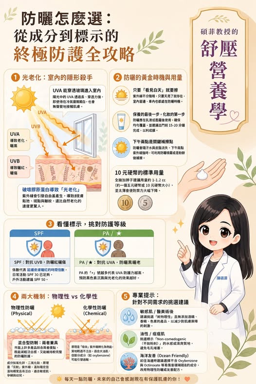 買防曬的時候不再迷惘，教授將要點都濃縮成了這張防曬圖卡