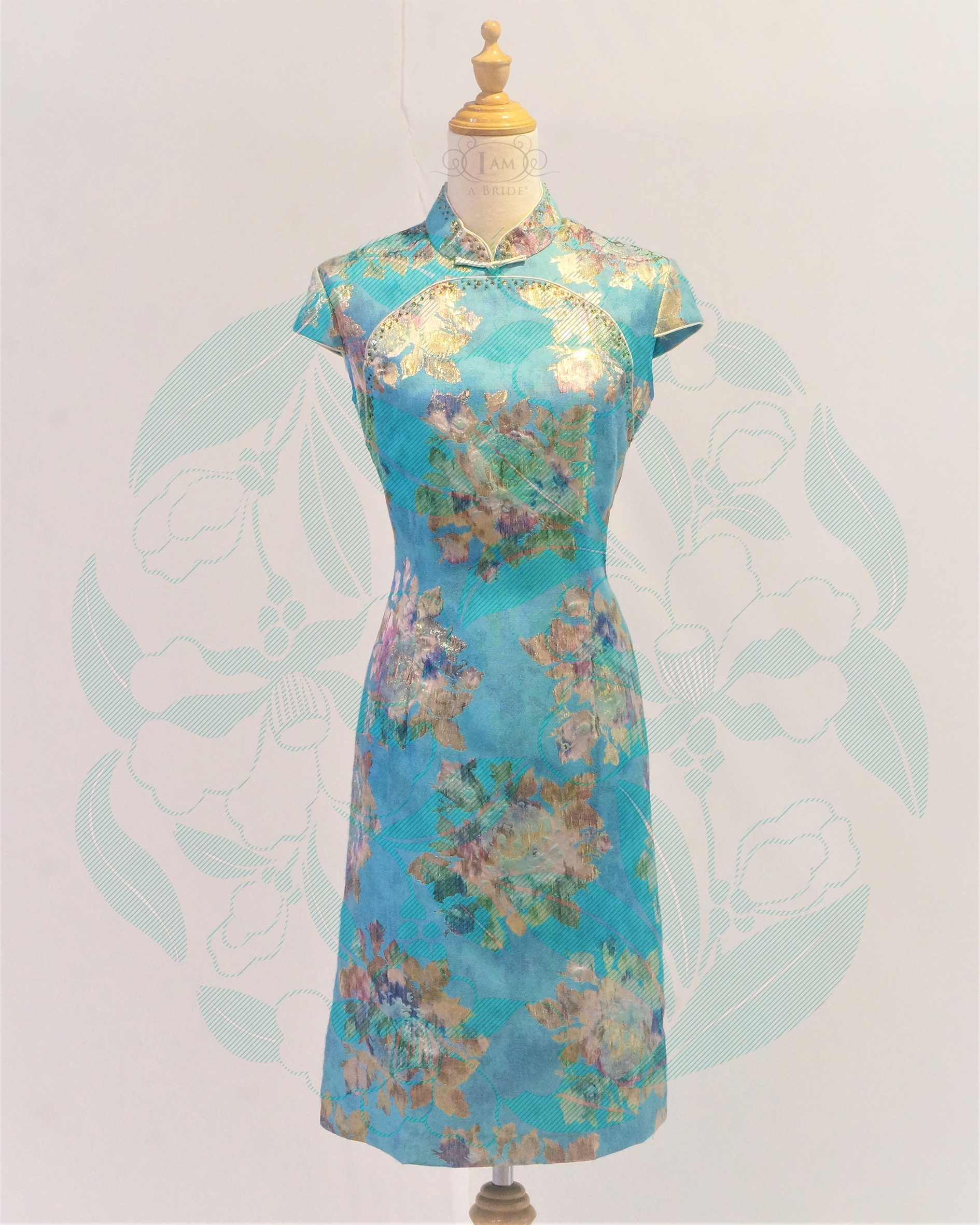 0513 Light Blue Gold Metallic Brocade Chinoiseries Short Cheongsam Qipao Short Dress A