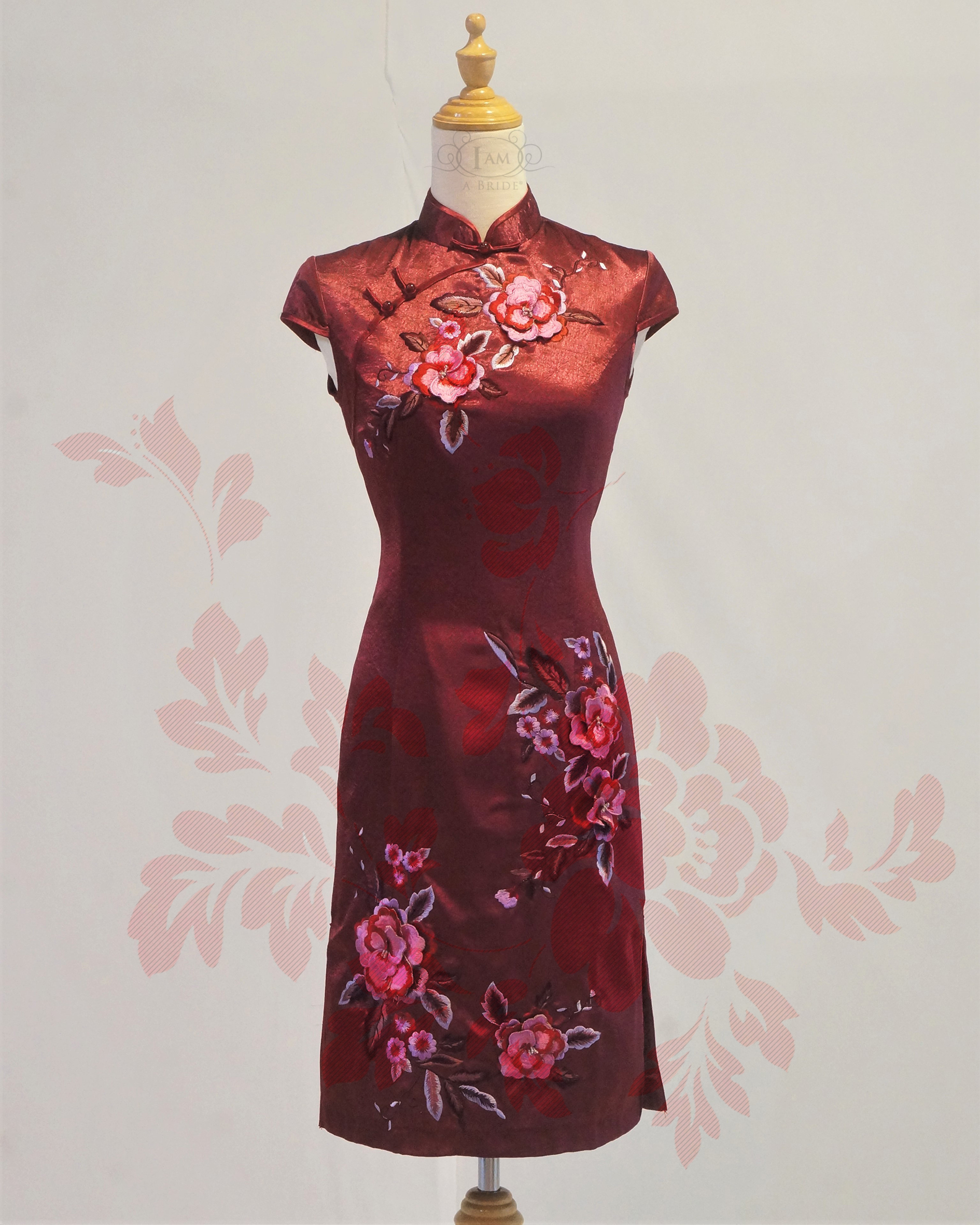0516 Mulberry Deep Red 3D Floral Embroidery Chinoiseries Short Cheongsam Qipao Short Dress A