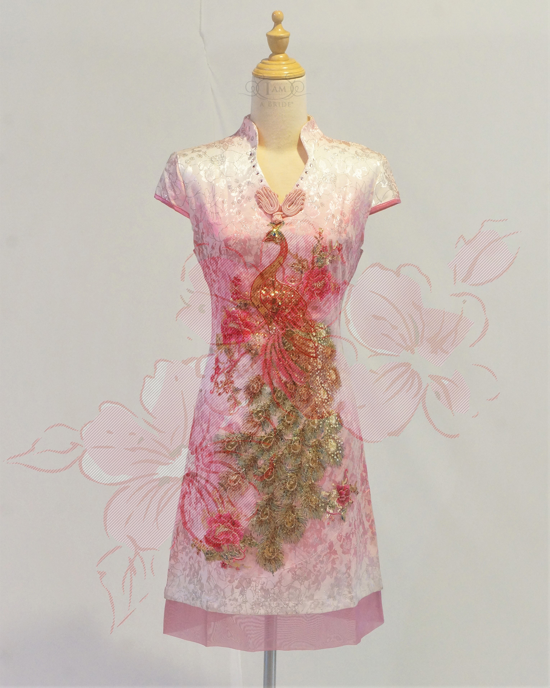 0517 Light Pink Gold Phoenix Peacock Brocade Sequins Chinoiseries Short Cheongsam Qipao Short Dress A