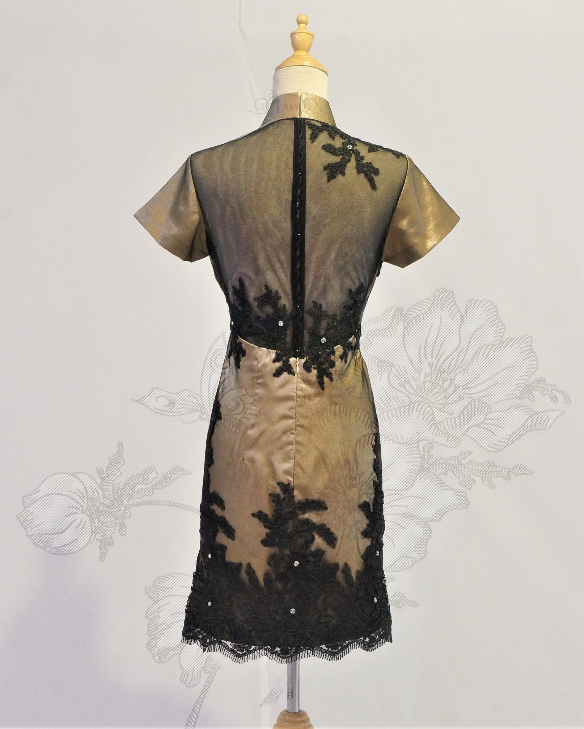 0523 Gold Black Laces Oriental Gothic Modern Short Cheongsam Qipao Short Dress B