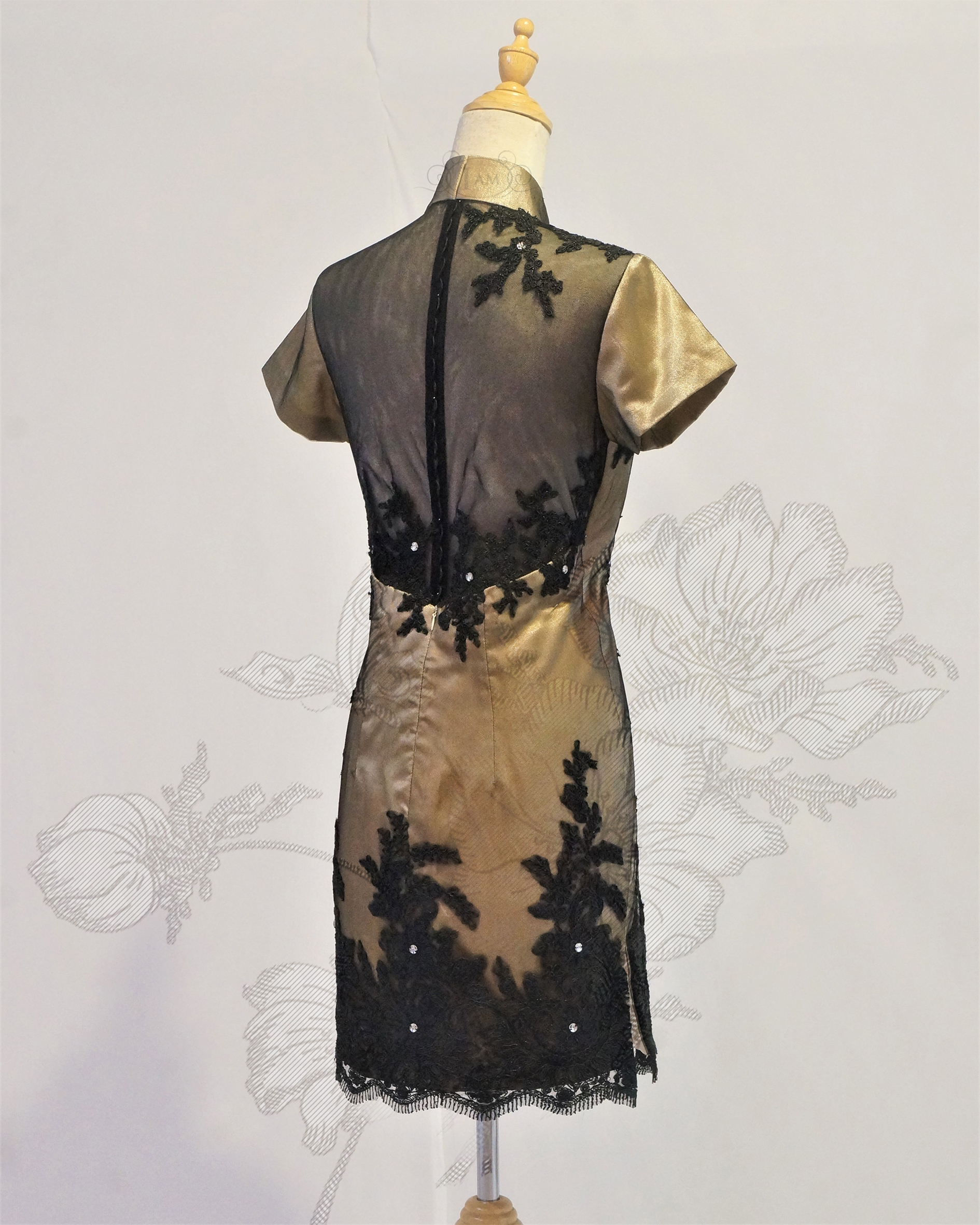 0523 Gold Black Laces Oriental Gothic Modern Short Cheongsam Qipao Short Dress BS