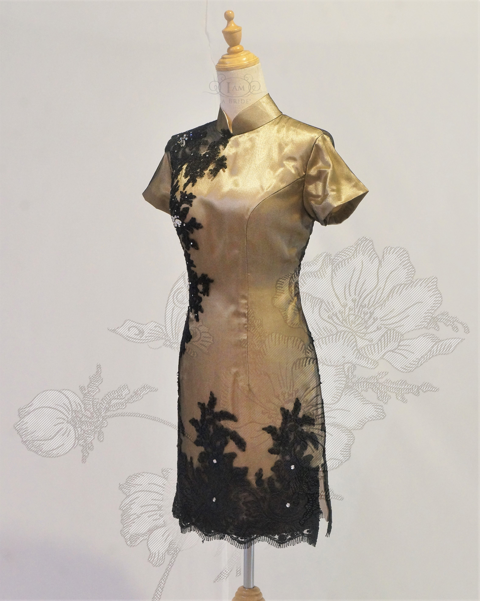 0523 Gold Black Laces Oriental Gothic Modern Short Cheongsam Qipao Short Dress ASS