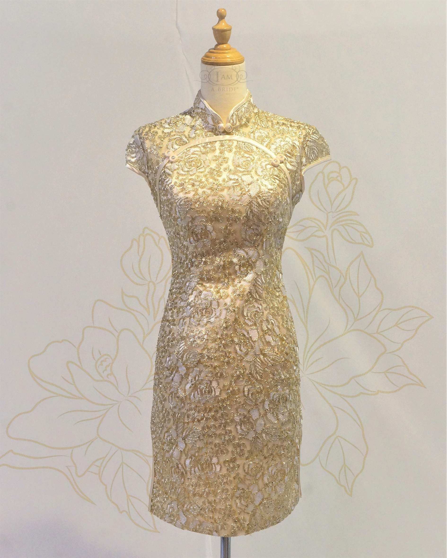 0524 Champagne Gold Glitter Shimmer Laces Modern Short Cheongsam Qipao Short Dress A