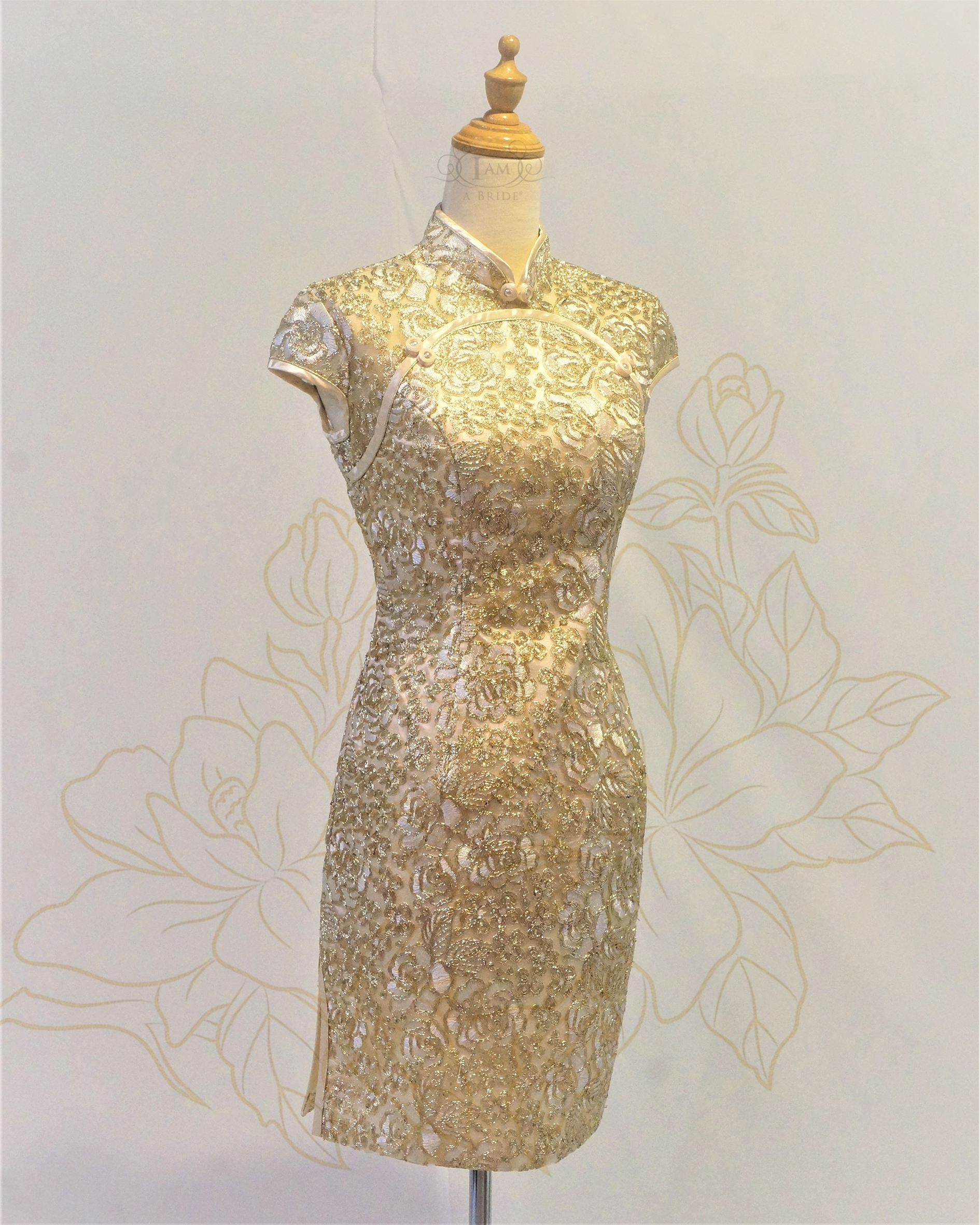 0524 Champagne Gold Glitter Shimmer Laces Modern Short Cheongsam Qipao Short Dress AS