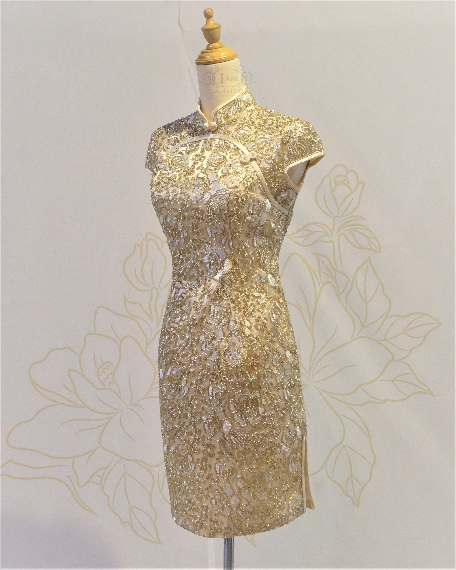0524 Champagne Gold Glitter Shimmer Laces Modern Short Cheongsam Qipao Short Dress ASS