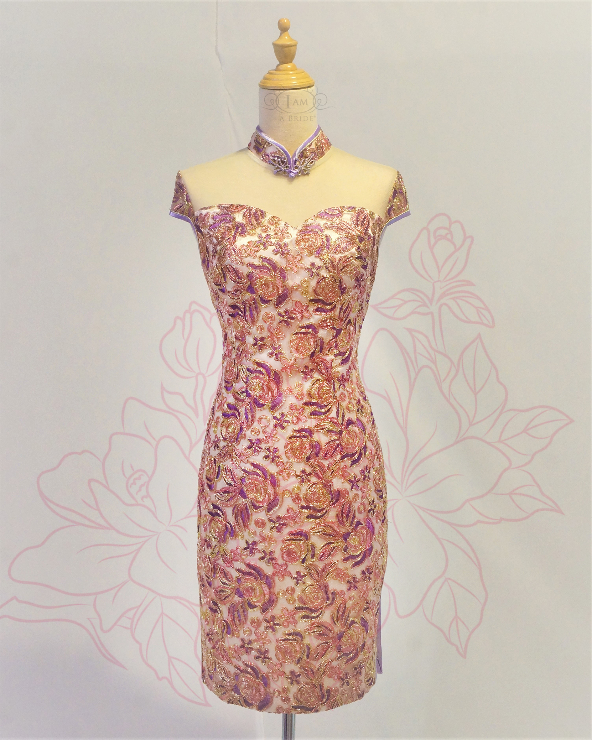 0525 Brocade Lilac Pink Gold Nude Glitter Chinoiseries Short Cheongsam Qipao Short Dress A