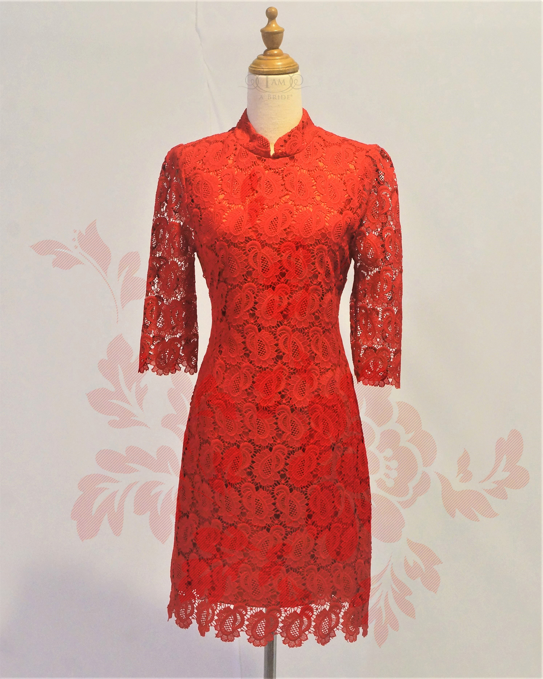 0526 Red Venice Lace Quad Sleeves Modern Cheongsam A