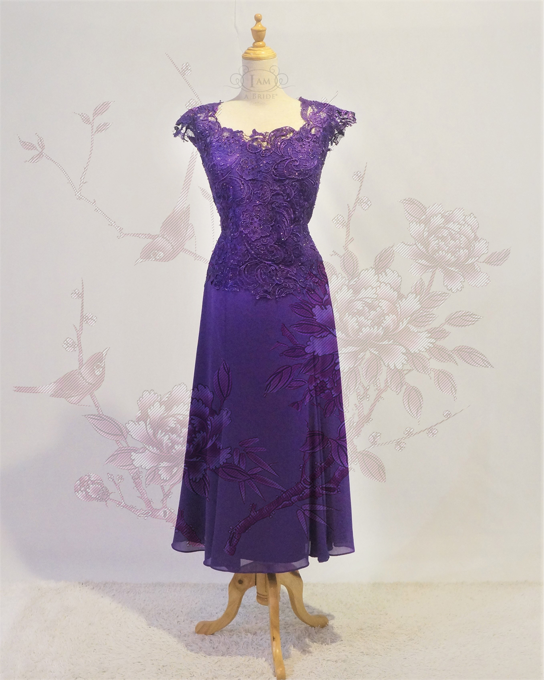 0527 Purple Venice Lace Chiffon Skirt Mid Length Dinner Dress Evening Wear A