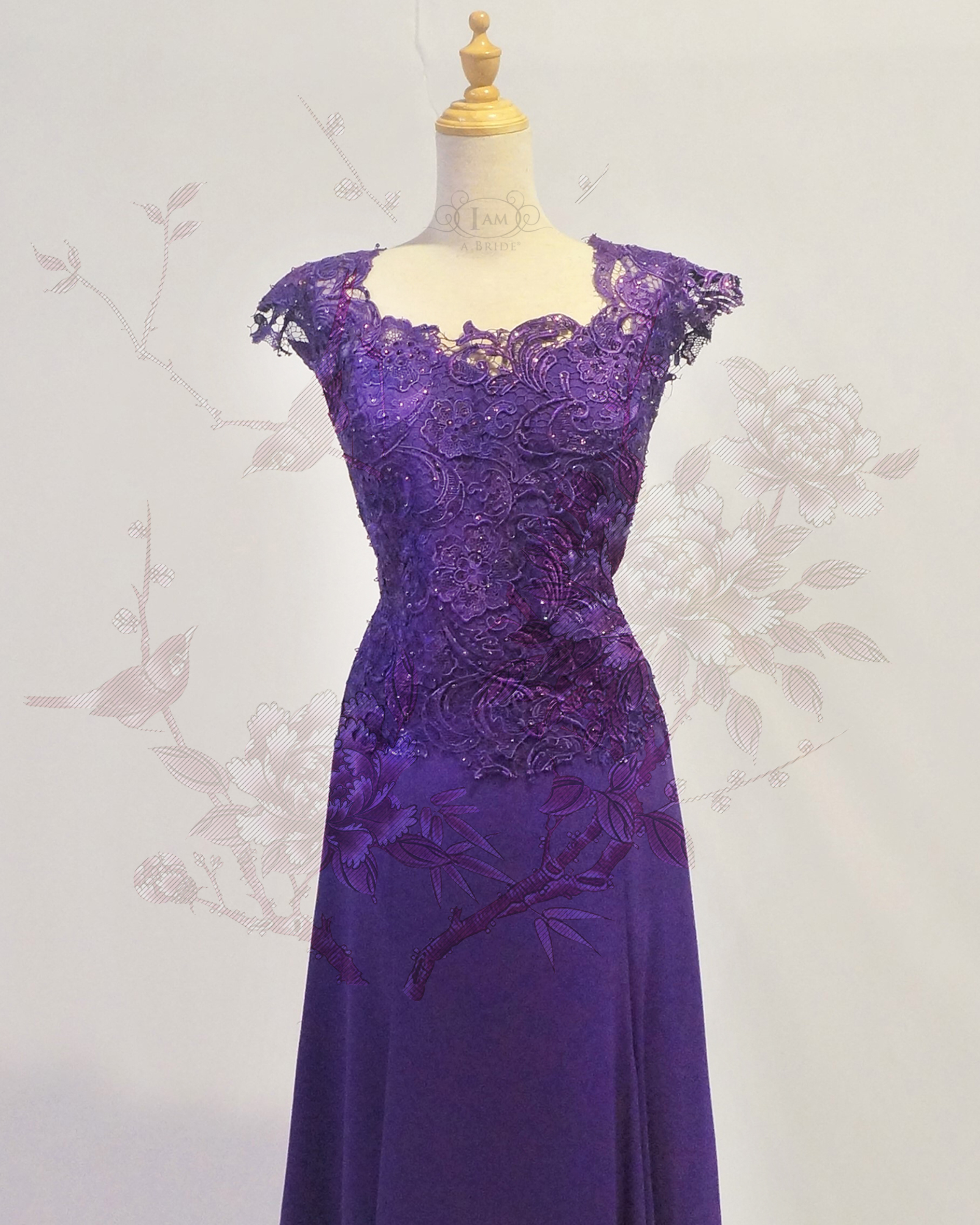 0527 Purple Venice Lace Chiffon Skirt Mid Length Dinner Dress Evening sWear A
