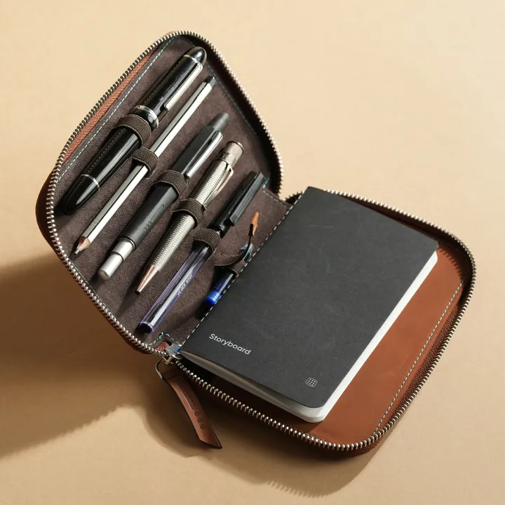 Endless - 5-piece brown companion series adjustable top-grade genuine leather pencil case