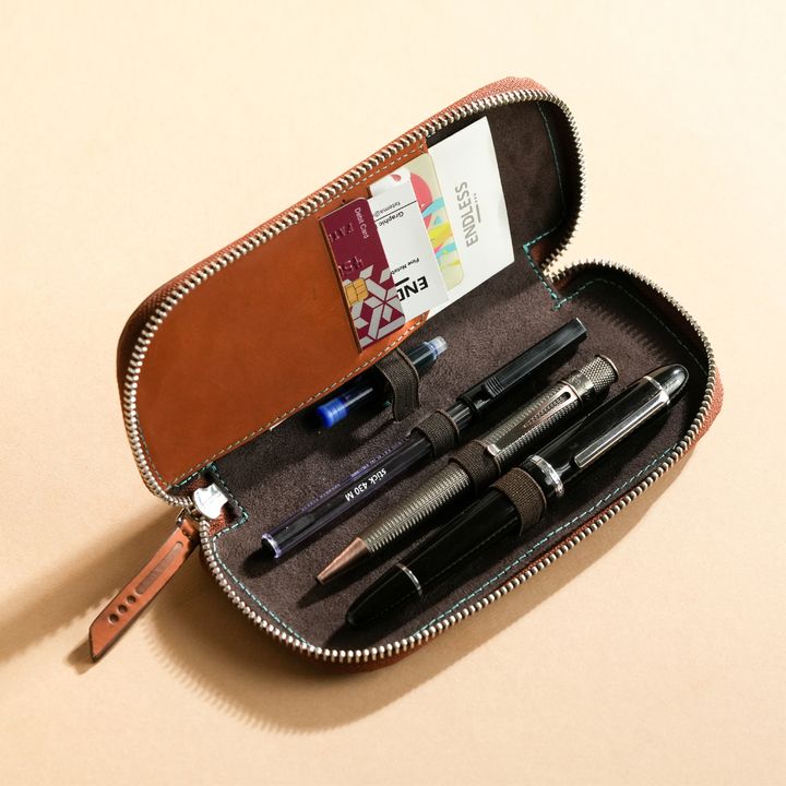 Endless - 3-piece brown companion series adjustable top-grade genuine leather pencil case