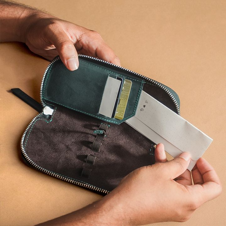 Endless - 3-piece blue companion series adjustable top-quality leather pencil case