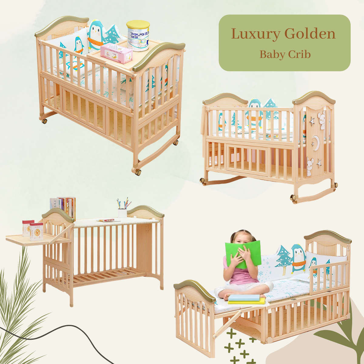 BS Luxury Golden Baby Wooden Cot Extra Big Morden Style Multifunction