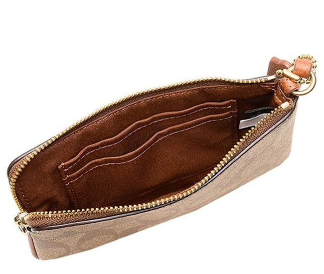 Coach Corner Zip Wristlet In Signature Coated Canvas With Leather Coach Corner Zip Wristlet In Signature Coated Canvas With Leather Stripe