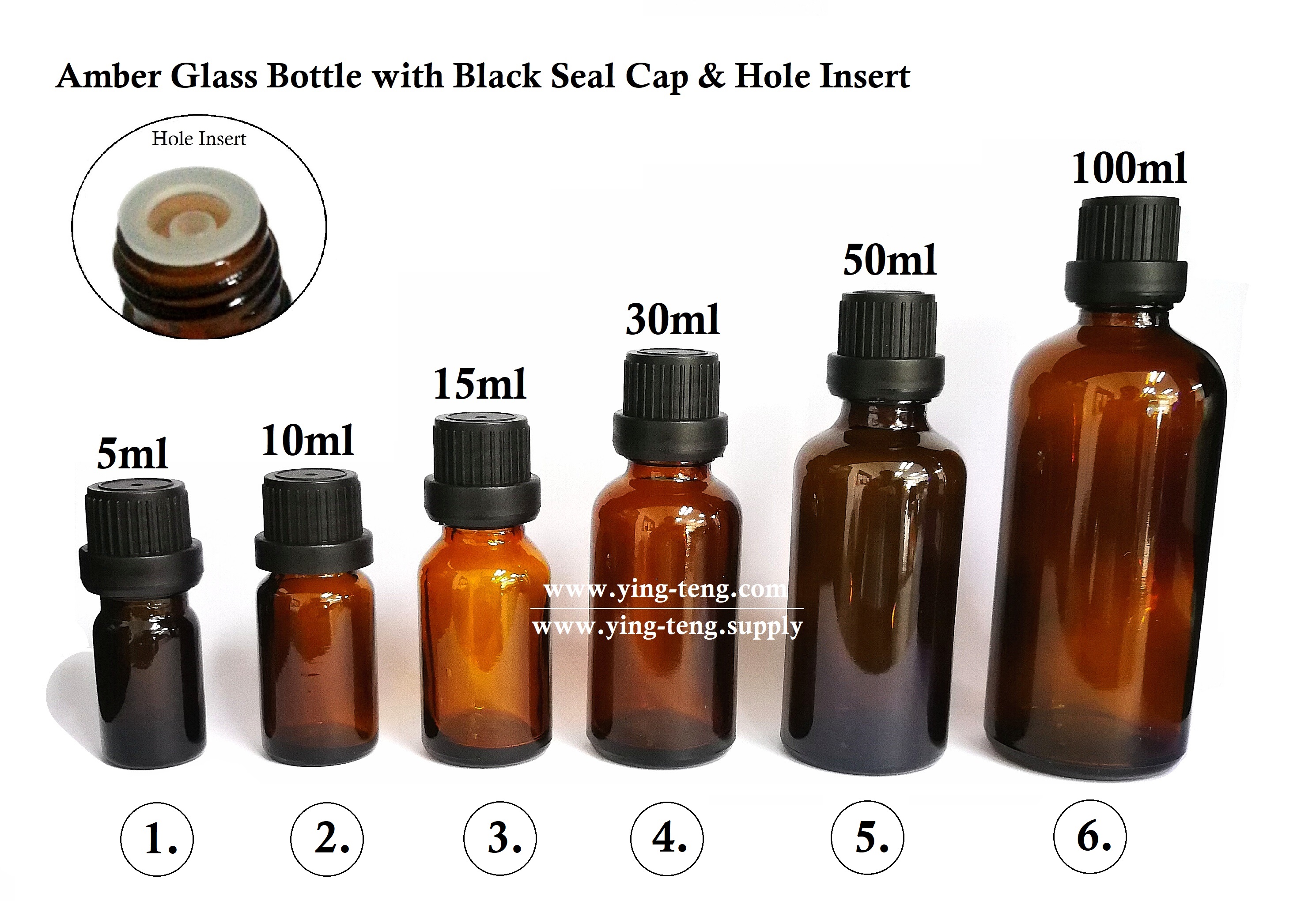 Amber Glass Bottles with Big Black Seal Cap (5ml, 10ml, 15ml, 30ml