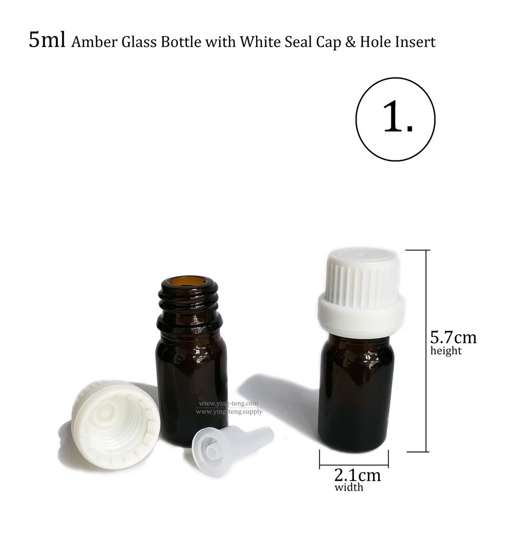 Amber Glass Bottles with Big White Seal Cap (5ml, 10ml, 15ml, 30ml