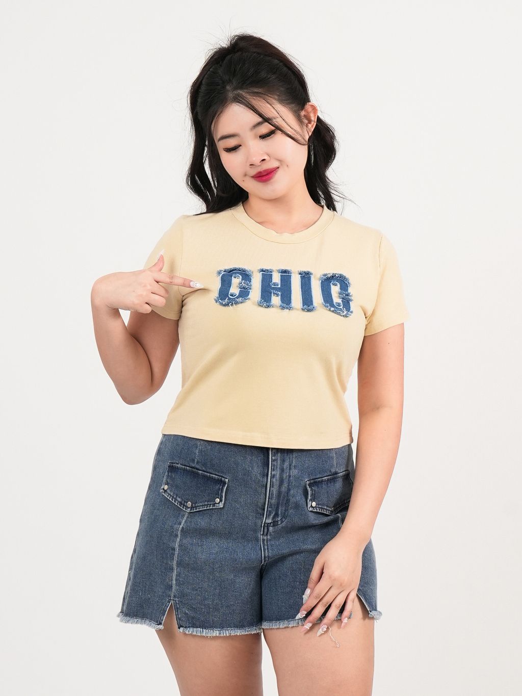 Plus Size Fancy Denim Patch Design Top