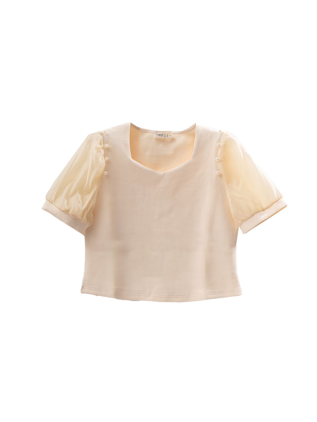 Delicate plus-size top with structured puff sleeves and pearl accents for a polished, feminine look.