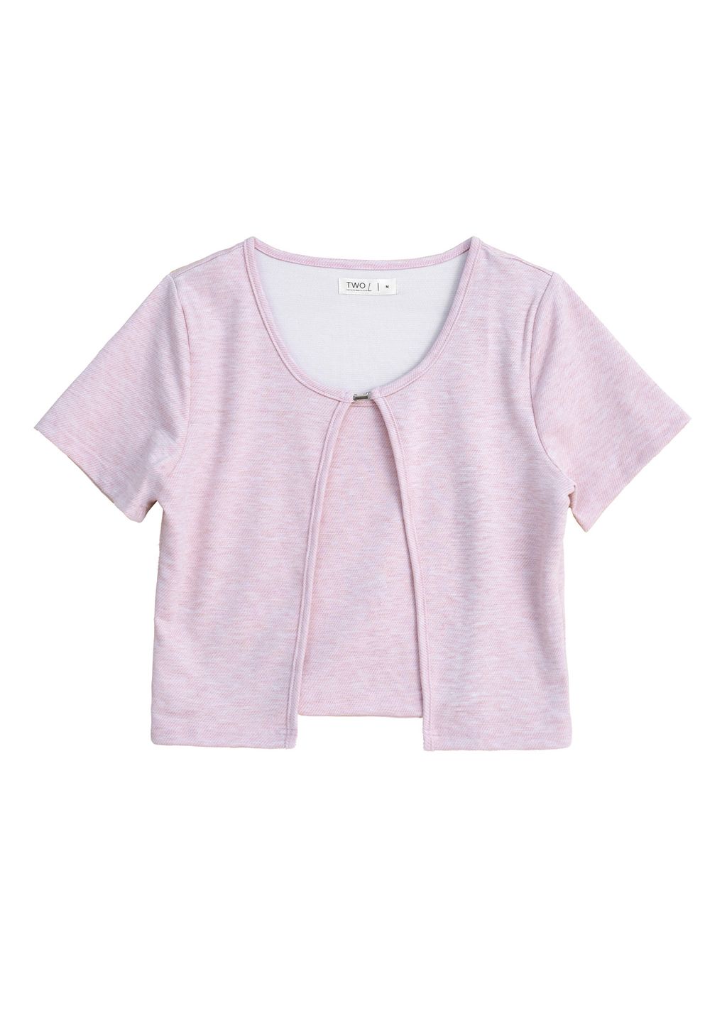 Vintage pink bolero-style cardigan layered over a matching top and denim skirt.