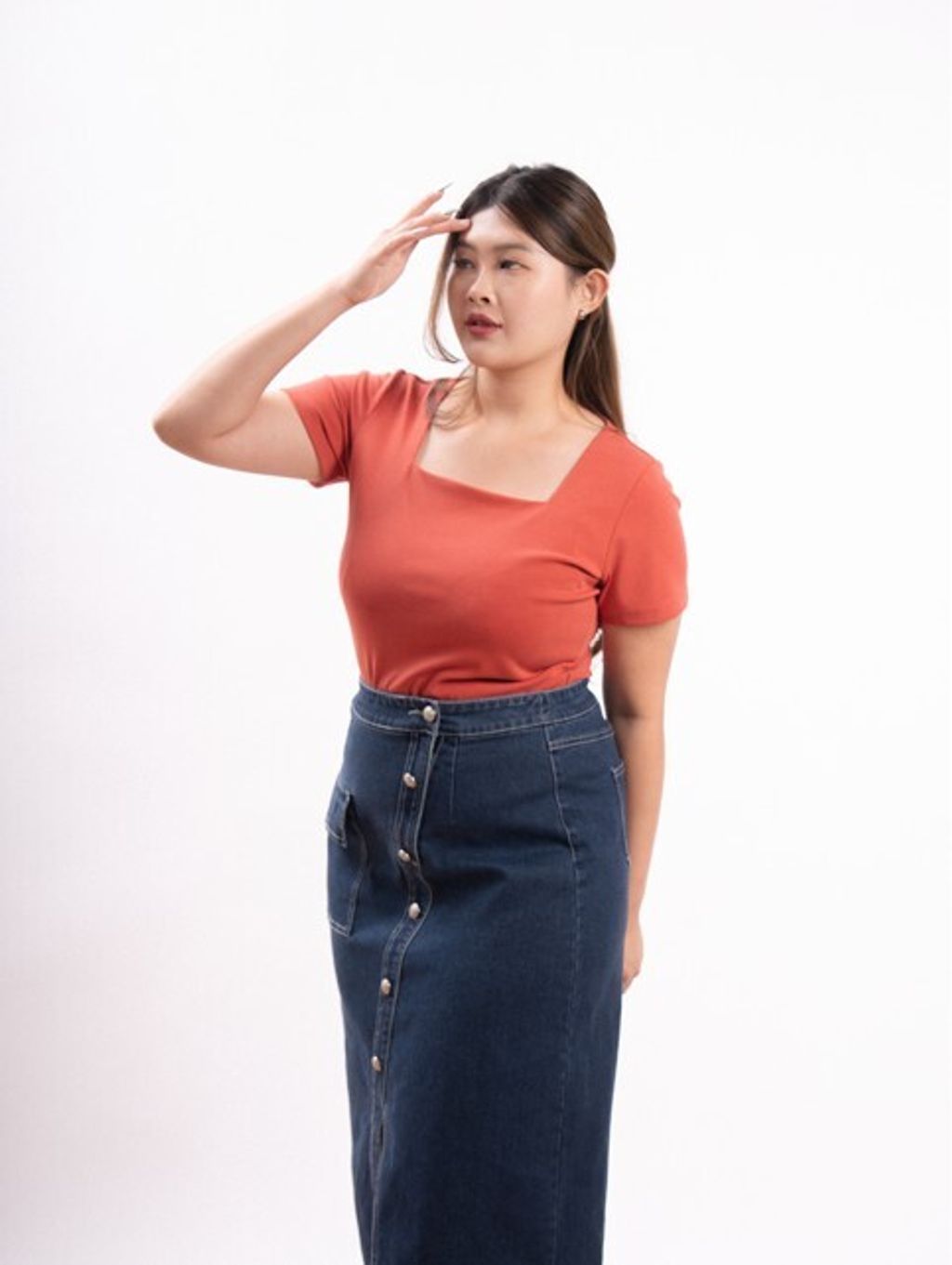 Plus size classy square neckline top in vibrant coral – crafted with thicker fabric for confident coverage and a flattering silhouette.