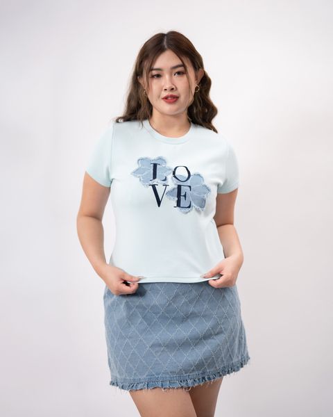 Light blue T-shirt with denim floral applique and LOVE embroidery