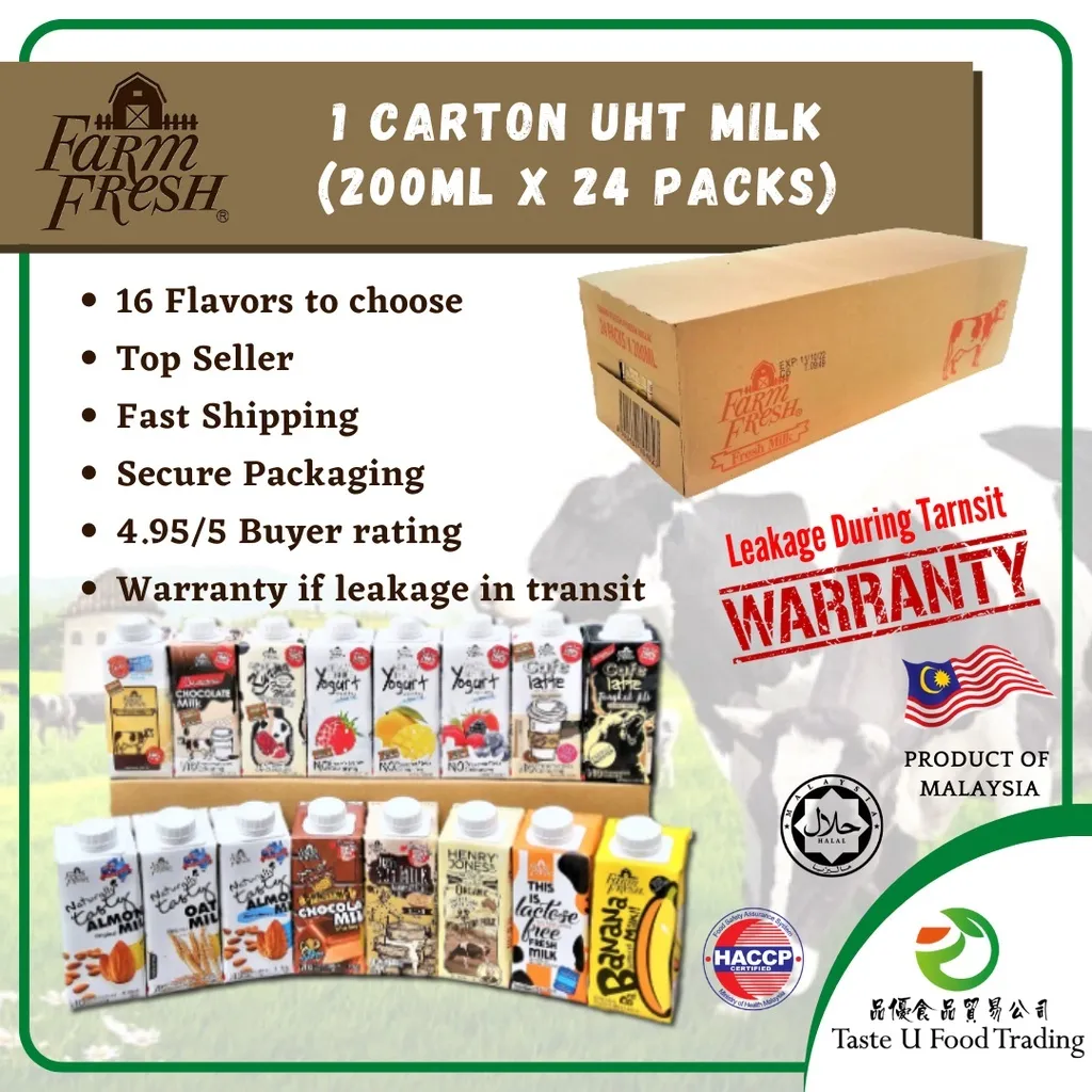 1 Carton (24x200ML) FARM FRESH UHT Fresh Milk Kurma Latte Yogurt Soy Almond  Oat HJ A2 Lactose Free Susu – Taste U Food Trading