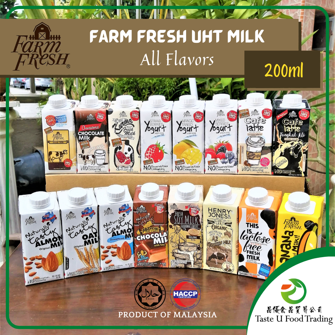 FARM FRESH (200ML) Susu UHT Fresh Milk, Choco, Kurma, Latte, Yogurt,  Banana, Soy, Almond, Oat, A2 Potein, Lactose Free – Taste U Food Trading