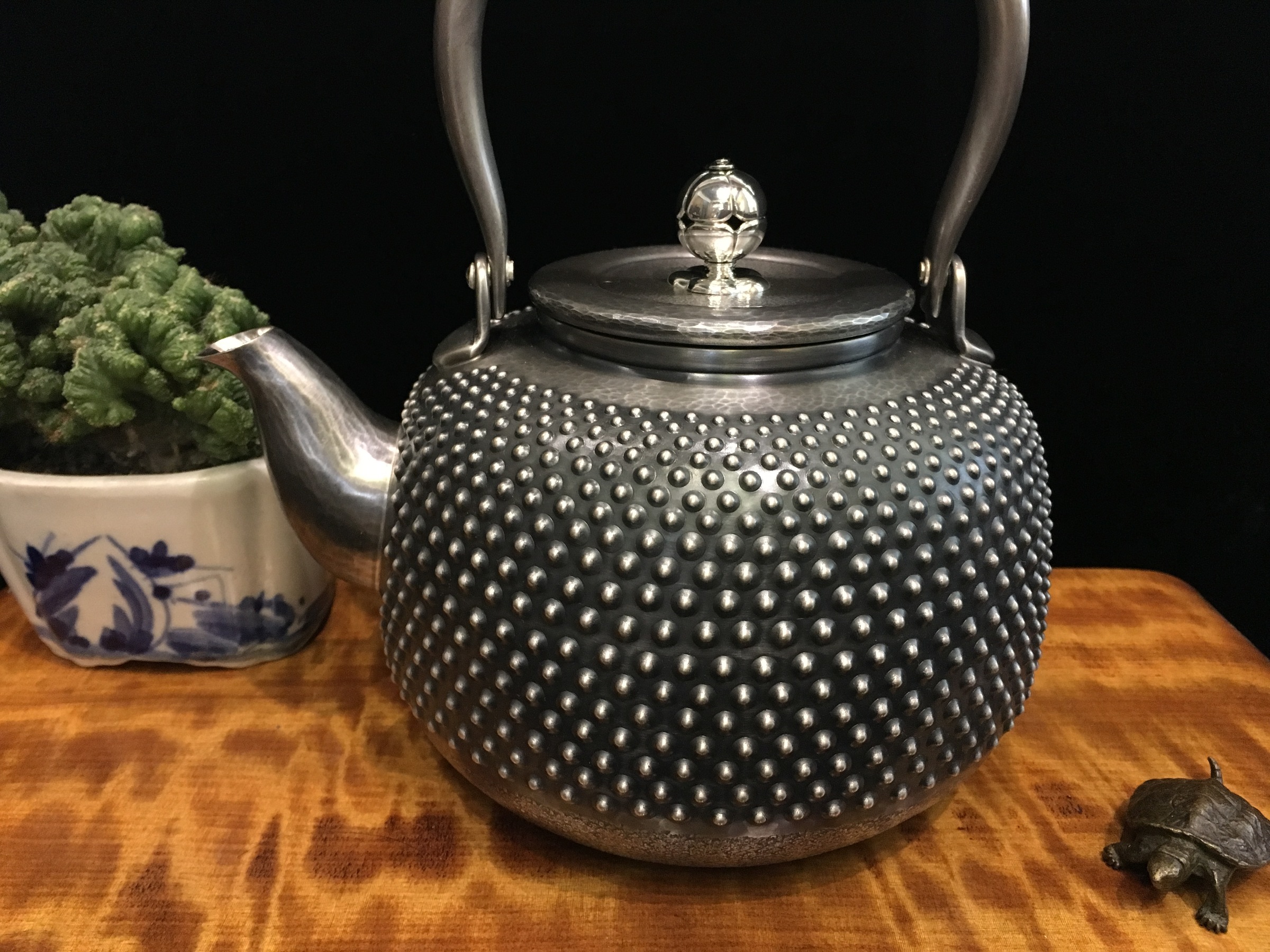 EX171 時代金工 銀製 籐編手 棗形湯沸 高17.2cm 重435g 木