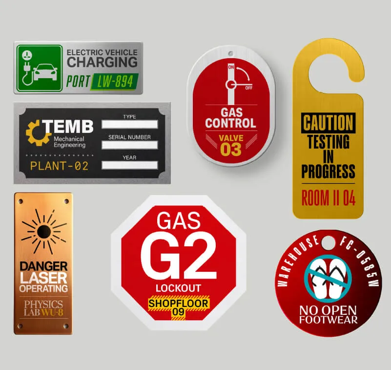 Industrial nameplates, valve tags and safety signs printed with UV ink