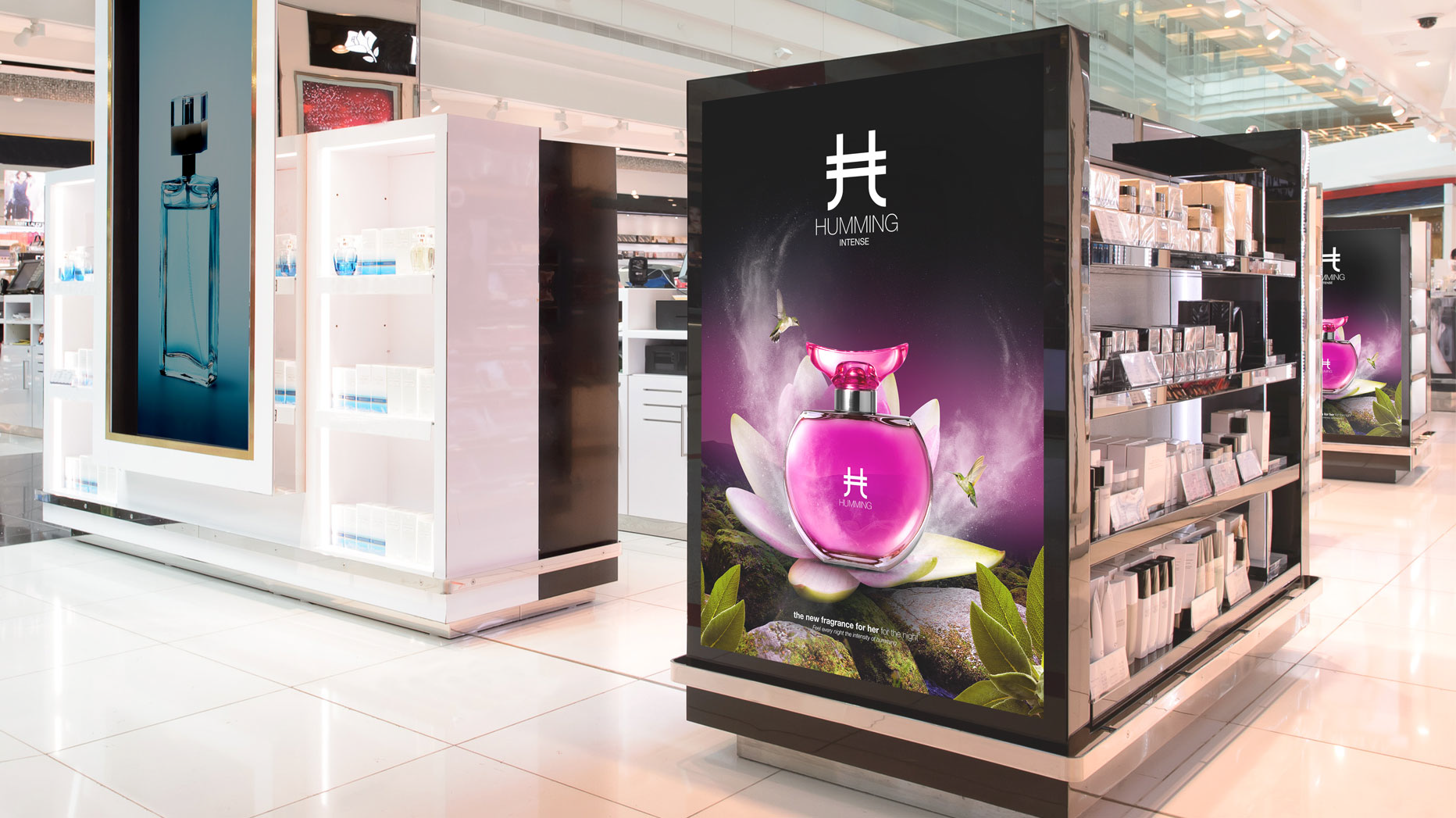 Store display with backlit perfume ad