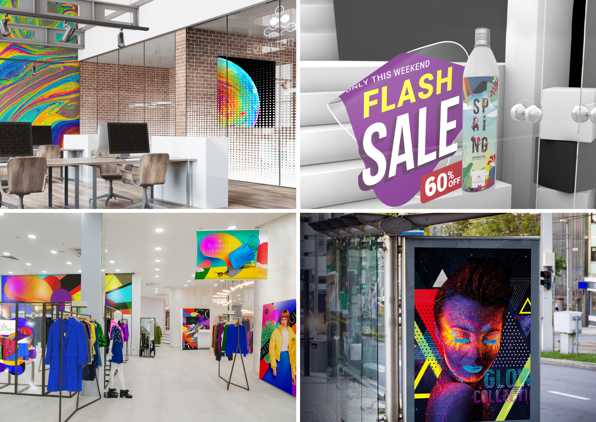 Collage of window graphics, stickers, wallcoverings, and backlit signs