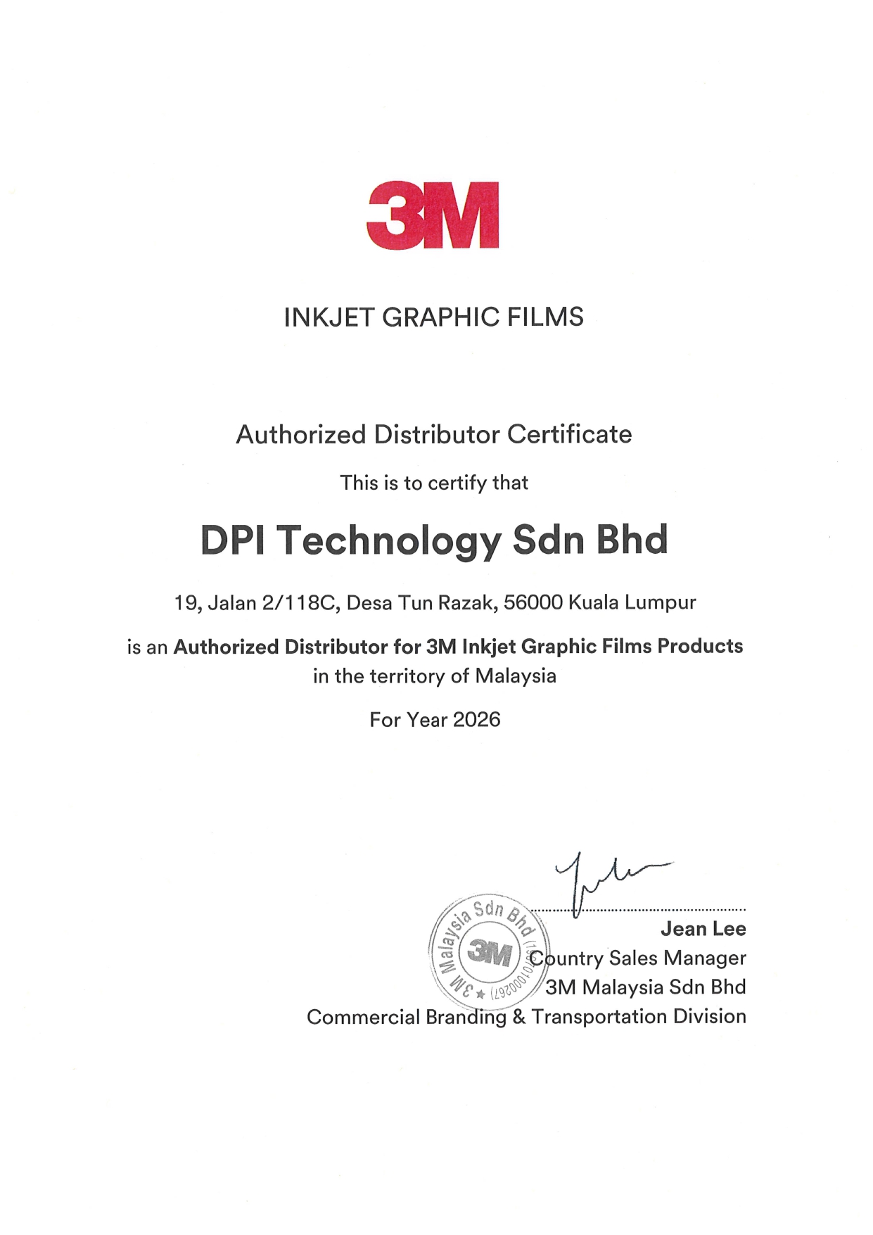DPI Technology 3M Authorized Distributor Certificate 2026
