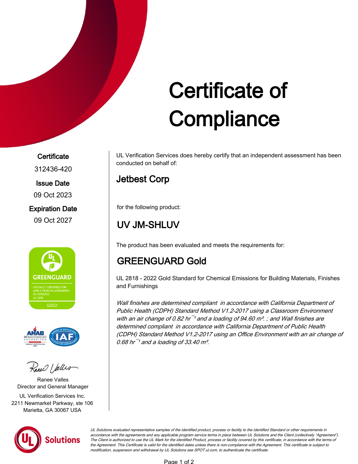 UL GREENGUARD Gold certificate of compliance for Jetbest UV JM-SHLUV