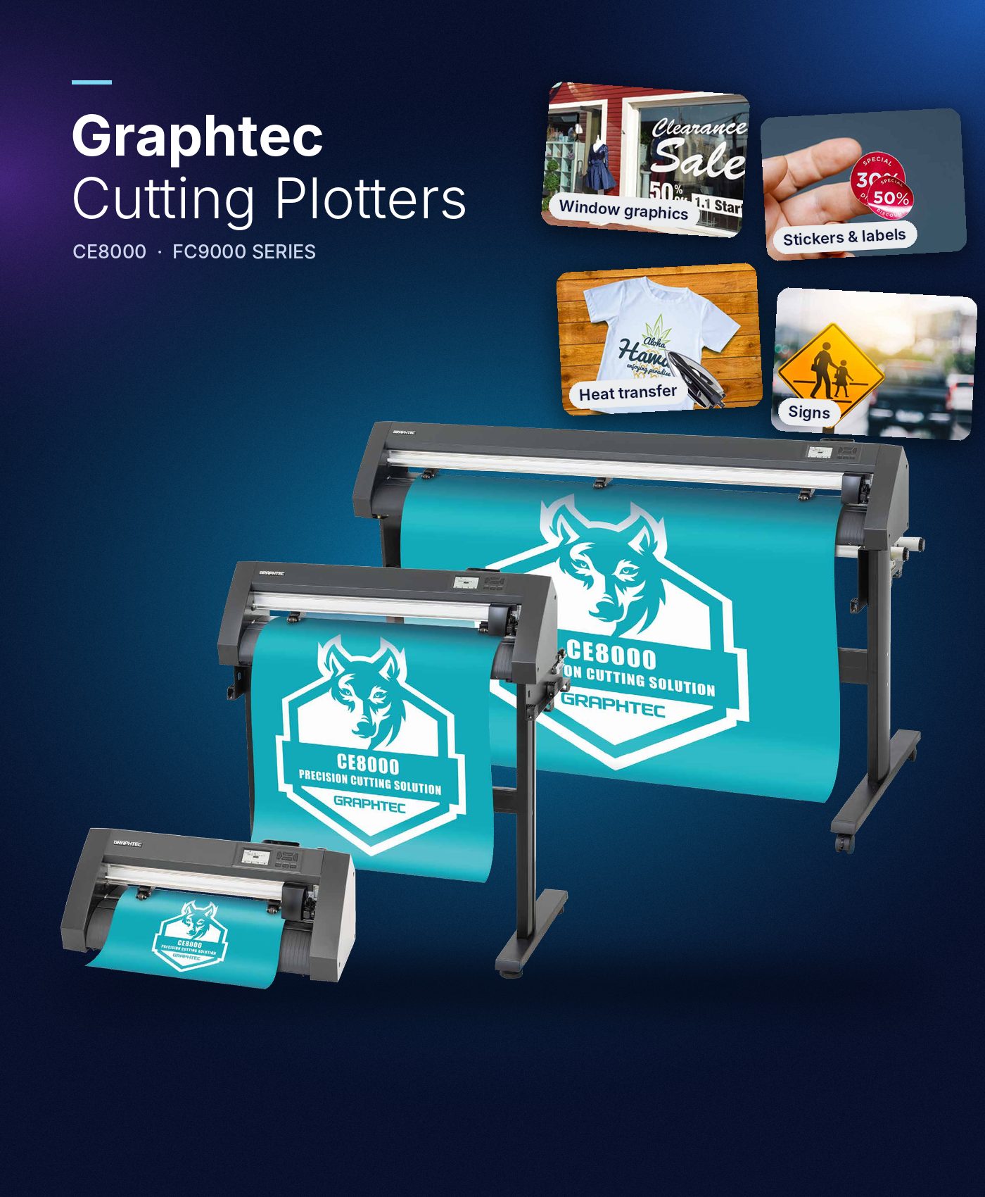 Graphtec CE8000 cutting plotters with window graphics, sticker, heat transfer and sign applications