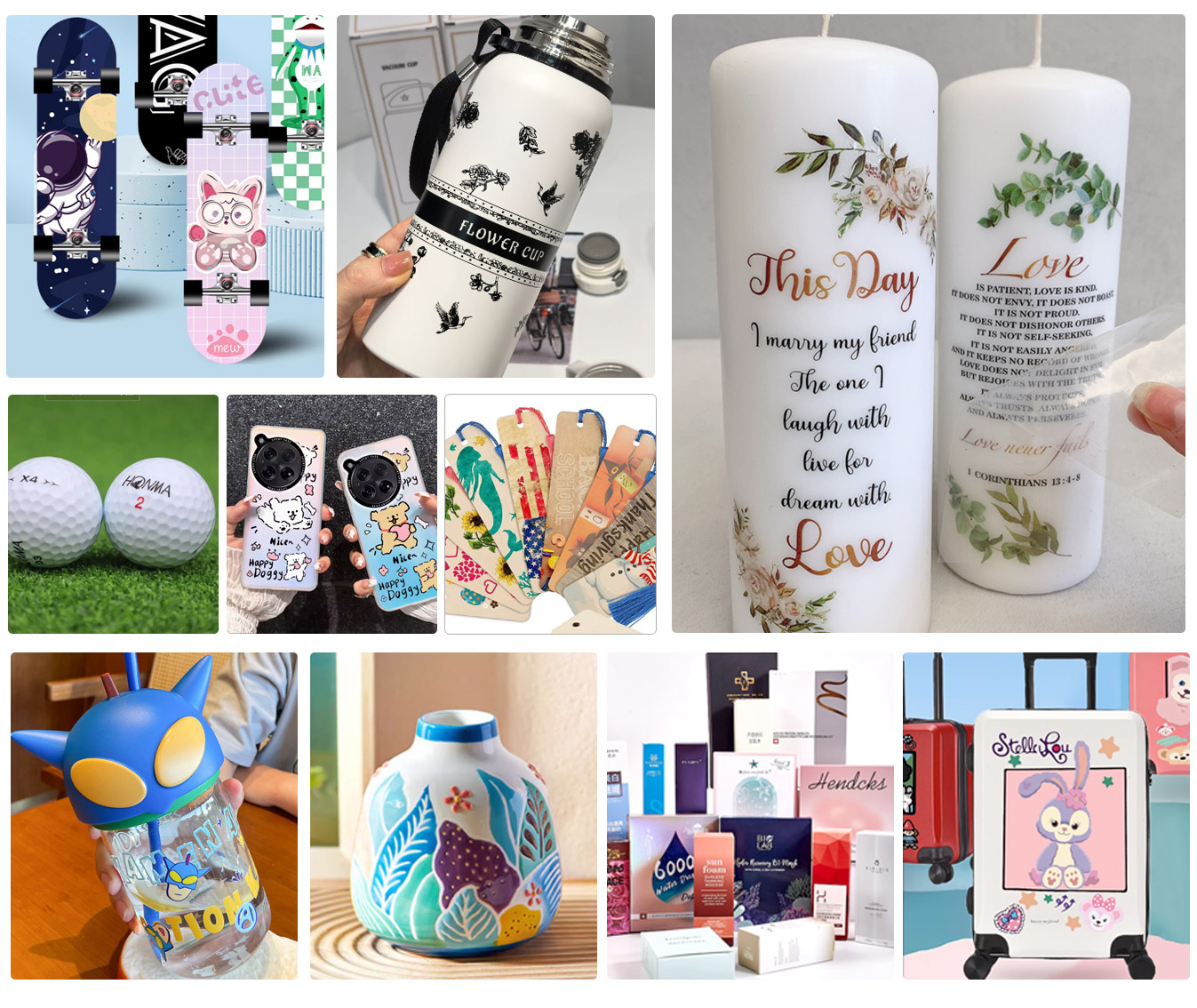 UV DTF sticker applications: skateboards, bottles, candles, golf balls, phone cases, tumblers, vases, gift boxes and luggage